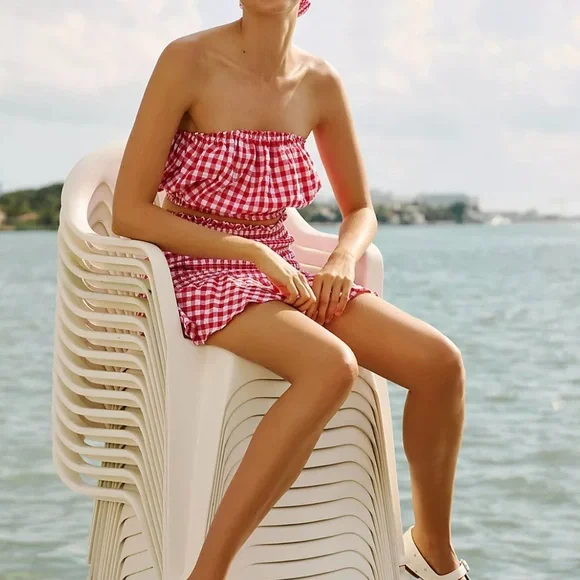Anthropologie 2 pc red Mable gingham smocked mini skirt& top set